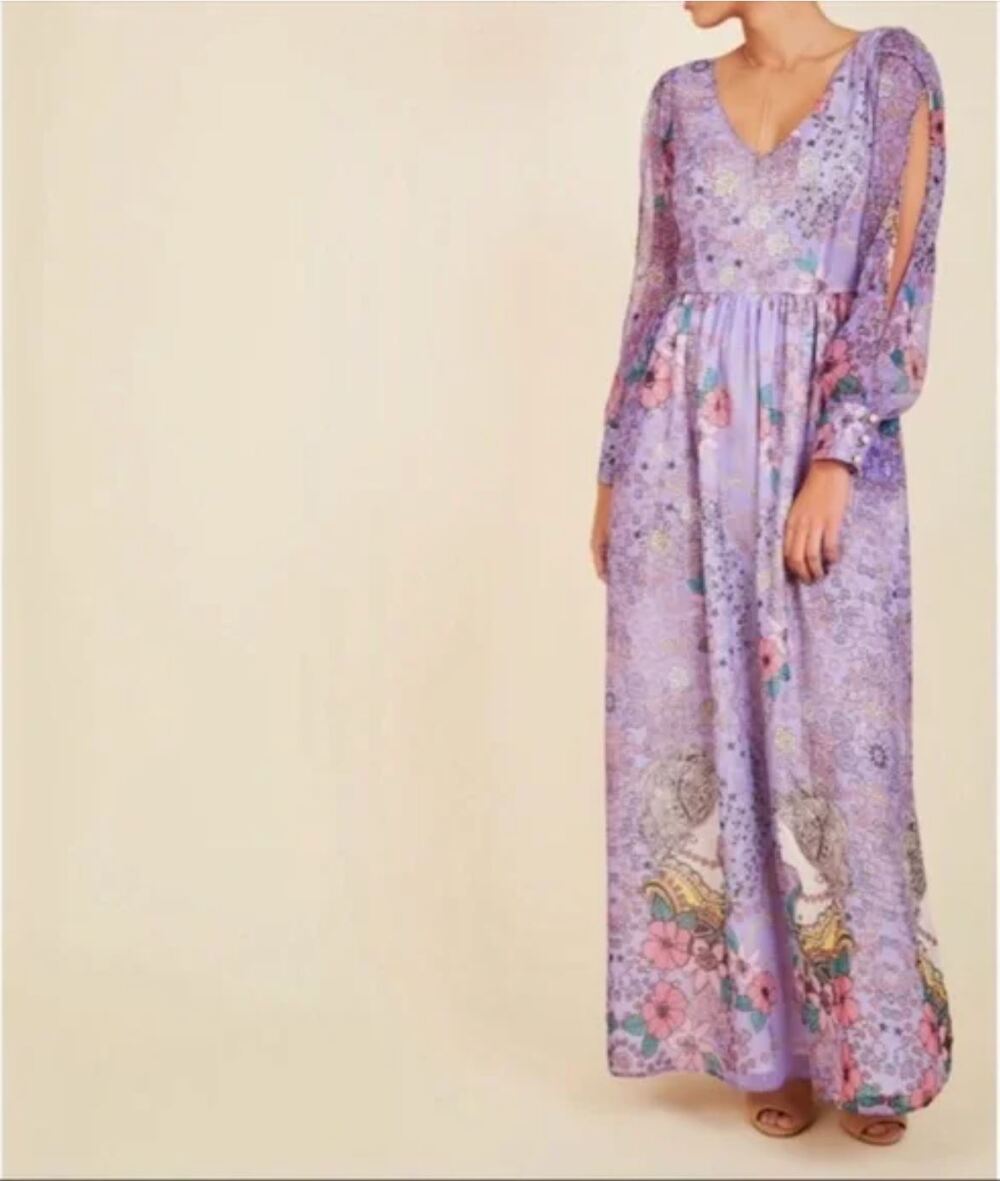 ModCloth Loop Twirl Maxi Dress XS Split Sleeve Lavender Floral Metallic Floral